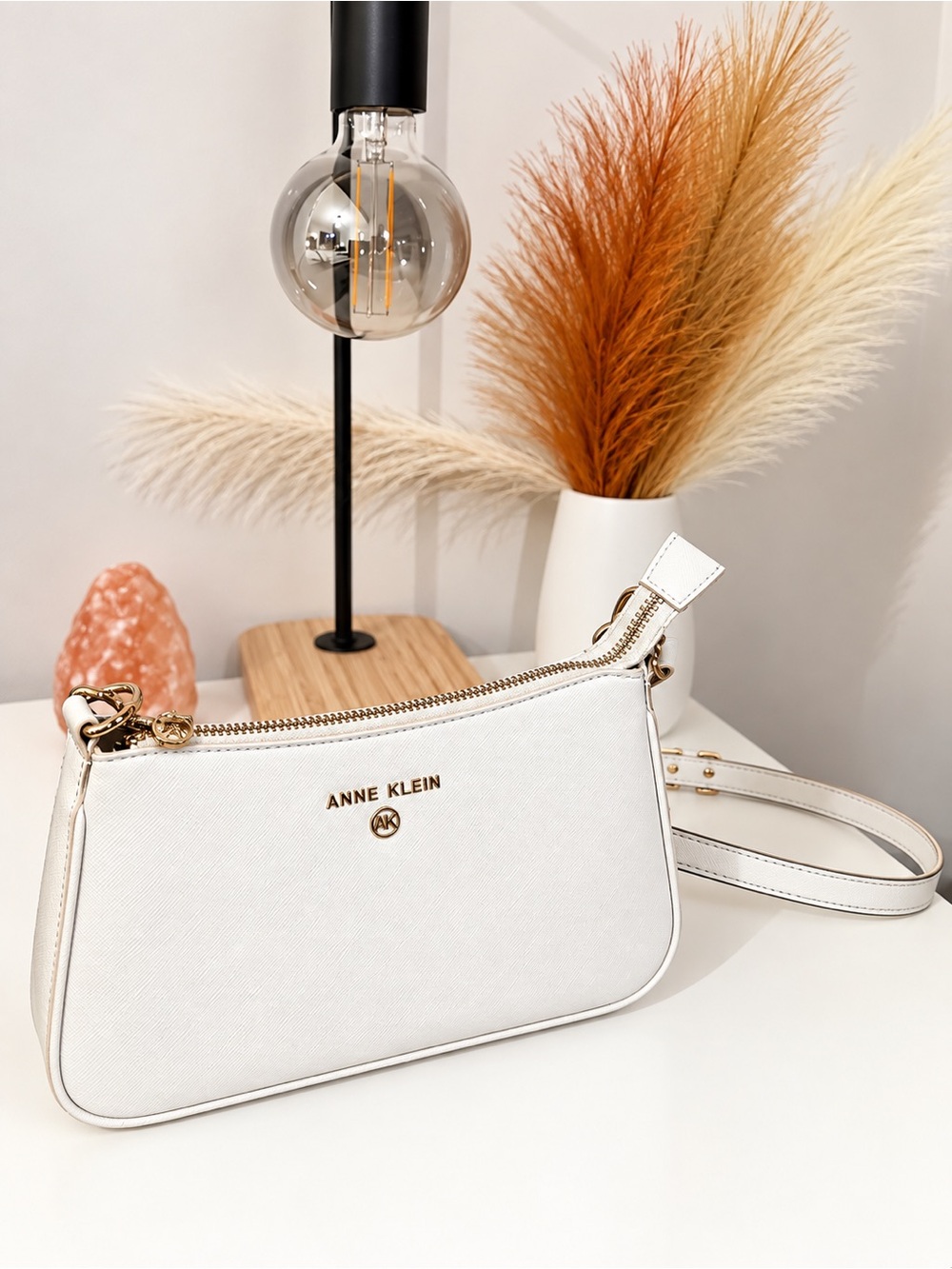 Anne Klein White Leather Crossbody Bag with Gold Hardware